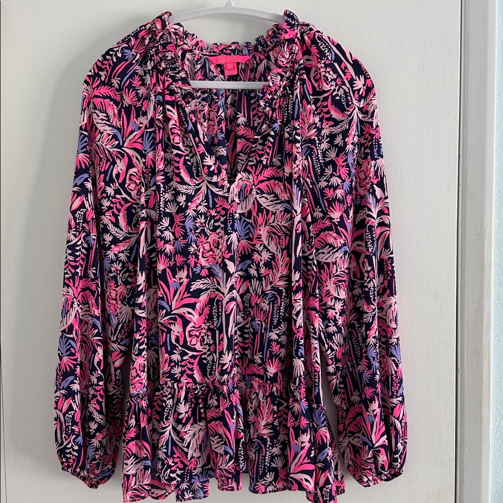 LILLY PULITZER Savanna LS Top Pink Navy Flounce Hem EUC Sz XL - Picture 4 of 14